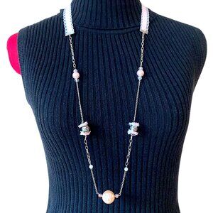 2x18$ 🎁💎 CREATION - OPERA long necklace - Lace & pearl - Pink & White